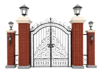 Brick pillars with iron gate isolated on white or transparent background
