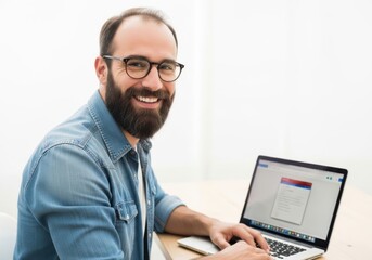 Smiling bearded man with glasses working on a laptop isolated on white background