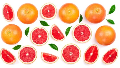 Overhead shot of ruby red grapefruit and slices, with green leaves, against a bright white backdrop. Vibrant composition