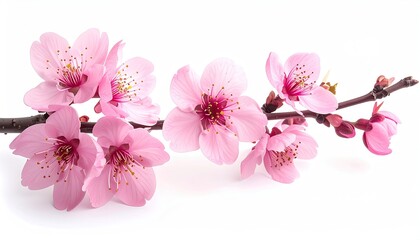 Delicate pink blossoms bloom along a slender, textured branch against white