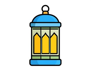 A stylized illustration of a lantern, featuring a blue dome top and yellow illuminated interior