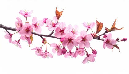 Delicate pink blossoms and buds adorn a slender branch against a white backdrop (1)
