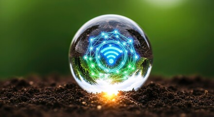 Global connectivity and green technology concept with a glowing Wi-Fi symbol inside a crystal sphere resting on fertile soil