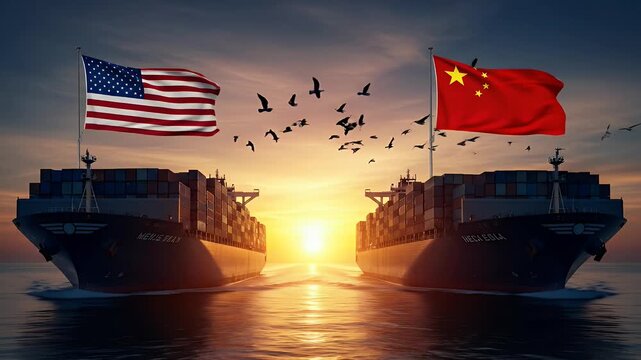 Two cargo ships with USA and China flags representing international trade and the economy