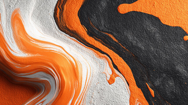 Dark grainy background with orange and white abstract color waves over a black backdrop. Noisy texture creates a modern wide banner, poster, or header design with copy space.