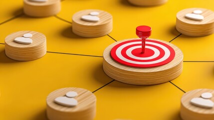 Red Target Pin on a Yellow Background Surrounded by Wooden Circles with Icons