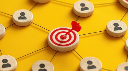 Red Dart Arrow Hitting Target in Center of Network with People Icons on Yellow Background