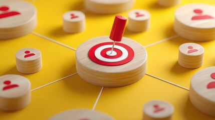 Target Symbol on Wooden Base Surrounded by Icons Representing Connections and Community Engagement