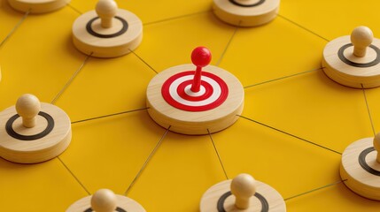 Focused Strategy Concept with Red Target Peg Among Black Markers on Yellow Background