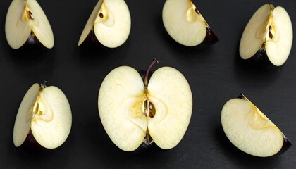 Overhead shot of seven apple slices arranged on a black surface. One apple half dominates center