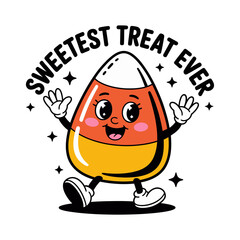 Sweetest treat ever candy corn mascot, cute Halloween dessert character, happy face, arms and legs, festive vector illustration