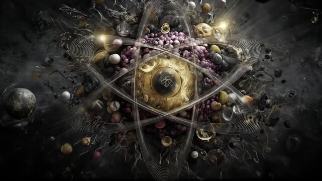 Abstract digital artwork of a glowing atom symbol with orbiting electrons