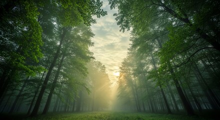 Obraz premium A serene forest scene with tall trees and soft sunlight filtering through the leaves. Mist hangs in the air, creating a tranquil atmosphere.