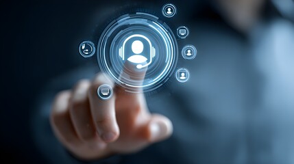 Person touching virtual support icon, technical support and customer service dashboard interface, call center visuals --ar 16:9