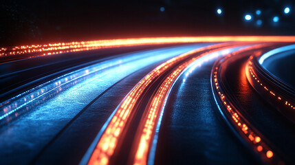 Abstract 3D rendering of dynamic light trails on a dark background. Symbolizing high-speed optical fiber, fast data transfer, and futuristic digital communication technology.