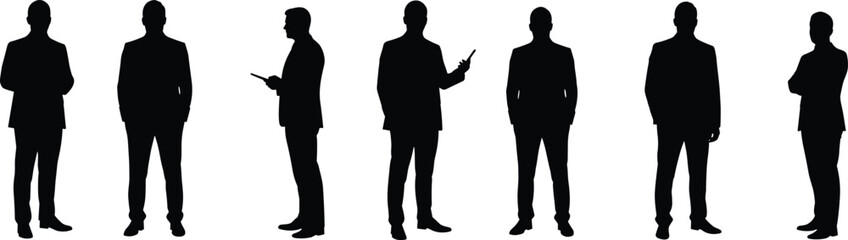 Silhouettes of businessmen standing, corporate teamwork, professional colleagues, office staff communication, management discussion, leadership concept, career success, human resources collaboration