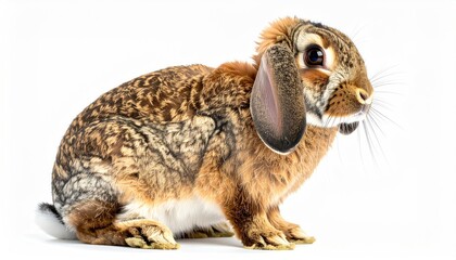 Brown and tan lop-eared bunny poses on white. Profile shows flopped ears