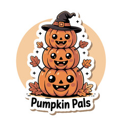 Pumpkin pals trio, stacked smiling jack o lanterns, autumn leaves, cute Halloween decoration, festive vector illustration