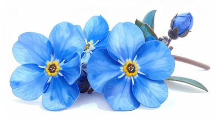 Fototapeta premium Bright blue flower cluster with yellow centers, a bud, and green leaves on white