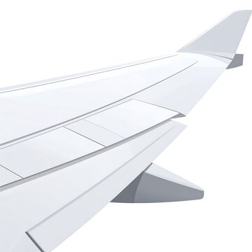 Airplane wing detail, showcasing flaps and ailerons against a white background