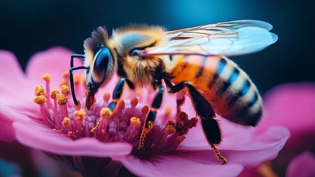 Close up macro shot of a bee collecting nectar from a pink flower.