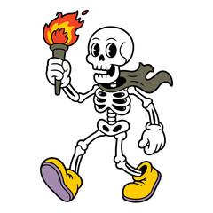Running skeleton adventurer, flaming torch in hand, flowing cape, bright boots, energetic stride, spooky cartoon character vector