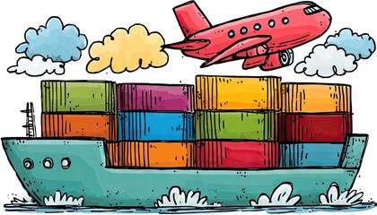 Cartoon cargo ship, plane, and containers