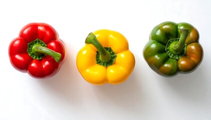 Overhead shot of three colorful bell peppers arranged on a white surface, showcasing their vibrant hues and fresh appearance