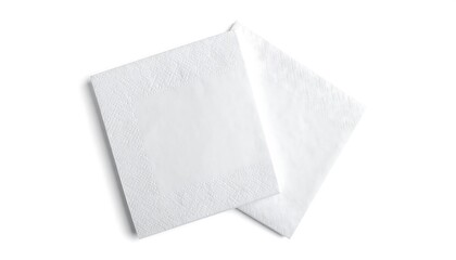 Overhead shot of two folded, square white napkins on a white background, slightly angled. One displays textured edges