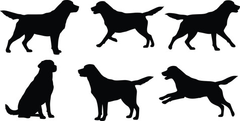 Dog silhouettes collection, black Labrador Retriever vector illustration, domestic pet animal artwork, sitting, running,