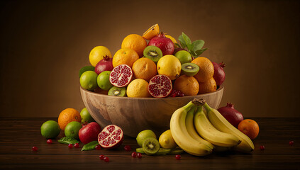 Vibrant assorted fruits in wooden bowl oranges lemons