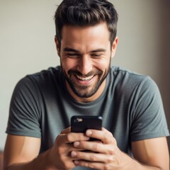 Smiling man holding smartphone enjoying content and browsing internet for digital communication and entertainment