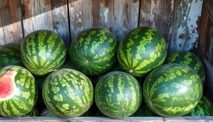Fresh watermelons in a wooden crate