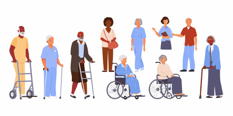 Diverse group of elderly people and caregivers in a community setting with mobility aids and wheelchairs