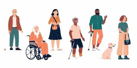 Diverse group of people of different ages abilities and ethnicities standing together with a dog