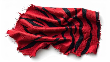 Torn red textile with black, tiger-stripe-like pattern, isolated on white