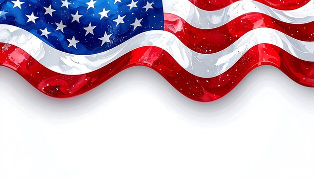 An abstract, stylized American flag design with flowing red and white stripes and a blue field of stars. The top portion features an airy, dynamic quality