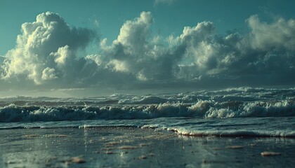 Ocean waves crash on shore, dramatic clouds