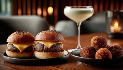 Two mini burgers, cheese, and a cocktail