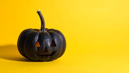 A black pumpkin with a carved face against a yellow background