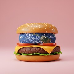 Surreal 3D render of a cheeseburger with planet Earth as a patty, symbolizing overconsumption and ecological issues