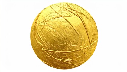 A golden sphere, wrinkled and reflective, isolated on a clean white background