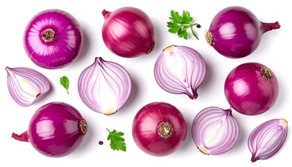 Overhead shot of various red onions, some halved, with parsley sprigs and peppercorns scattered on a white background