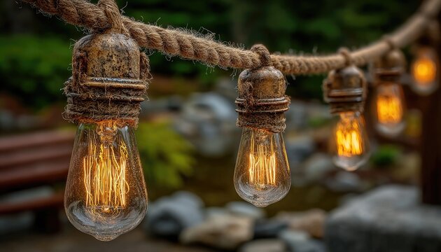 Warm Edison bulbs on rustic rope
