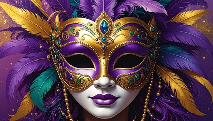 A close-up of a gold and purple mask with teal, gold, and purple feathers against a purple backdrop
