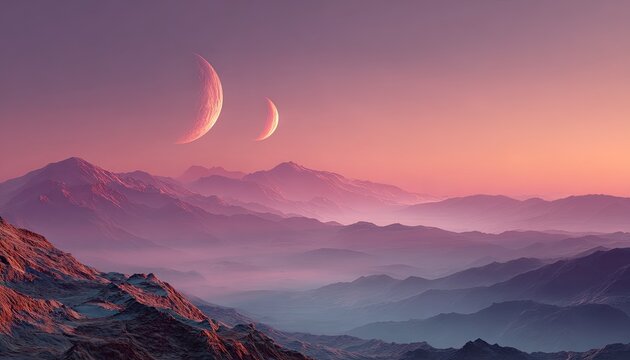 Two moons above a misty mountain range at sunset - Powered by Adobe