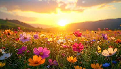 Vibrant field of wildflowers blooms under a golden sunset, mountains in background