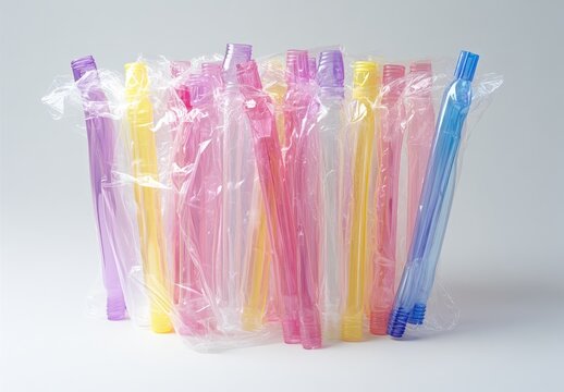 Colorful plastic drinking straws in clear plastic wrap - Powered by Adobe