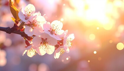 Dreamy Blossoms in Golden Light Macro Shot Delicate White Flowers on Branch Soft Focus Background Warm Tones of Sunrise or Sunset Serene Springtime