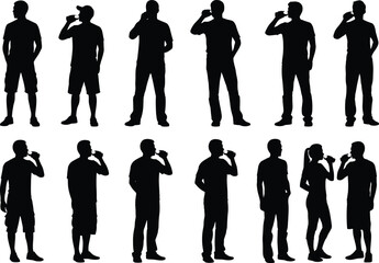 Drinking silhouette vector, people with bottles, male and female poses, black figures isolated, lifestyle concept, editable illustration for stock content